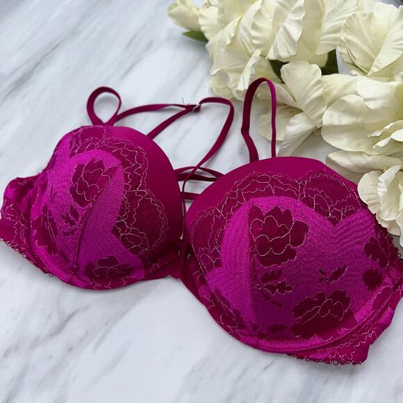 Victoria’s Secret Very Sexy Push Up Bra 34C Metallic Fuchsia Pink Lace Underwire - Picture 4 of 13
